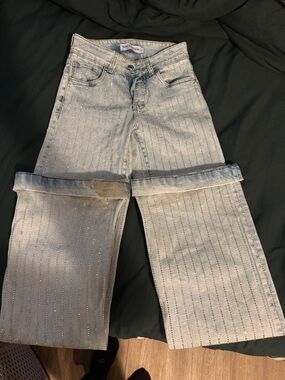 Rhinestone Stripe Light Blue Wide-Leg Jeans - Women